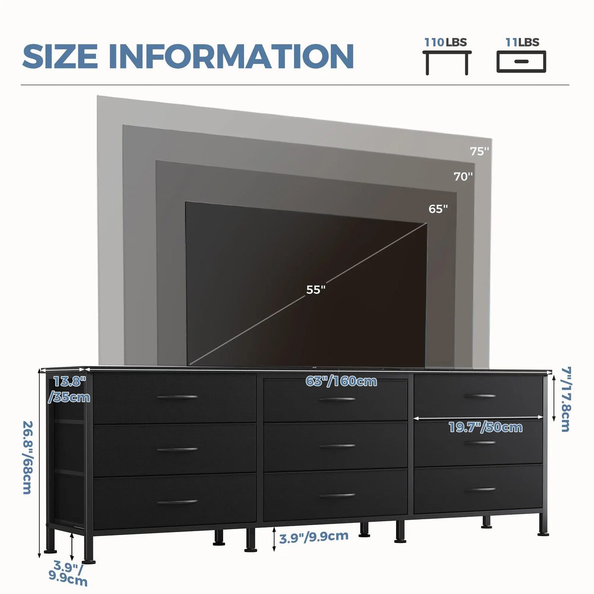 Mueble de TV de tela con 9 cajones