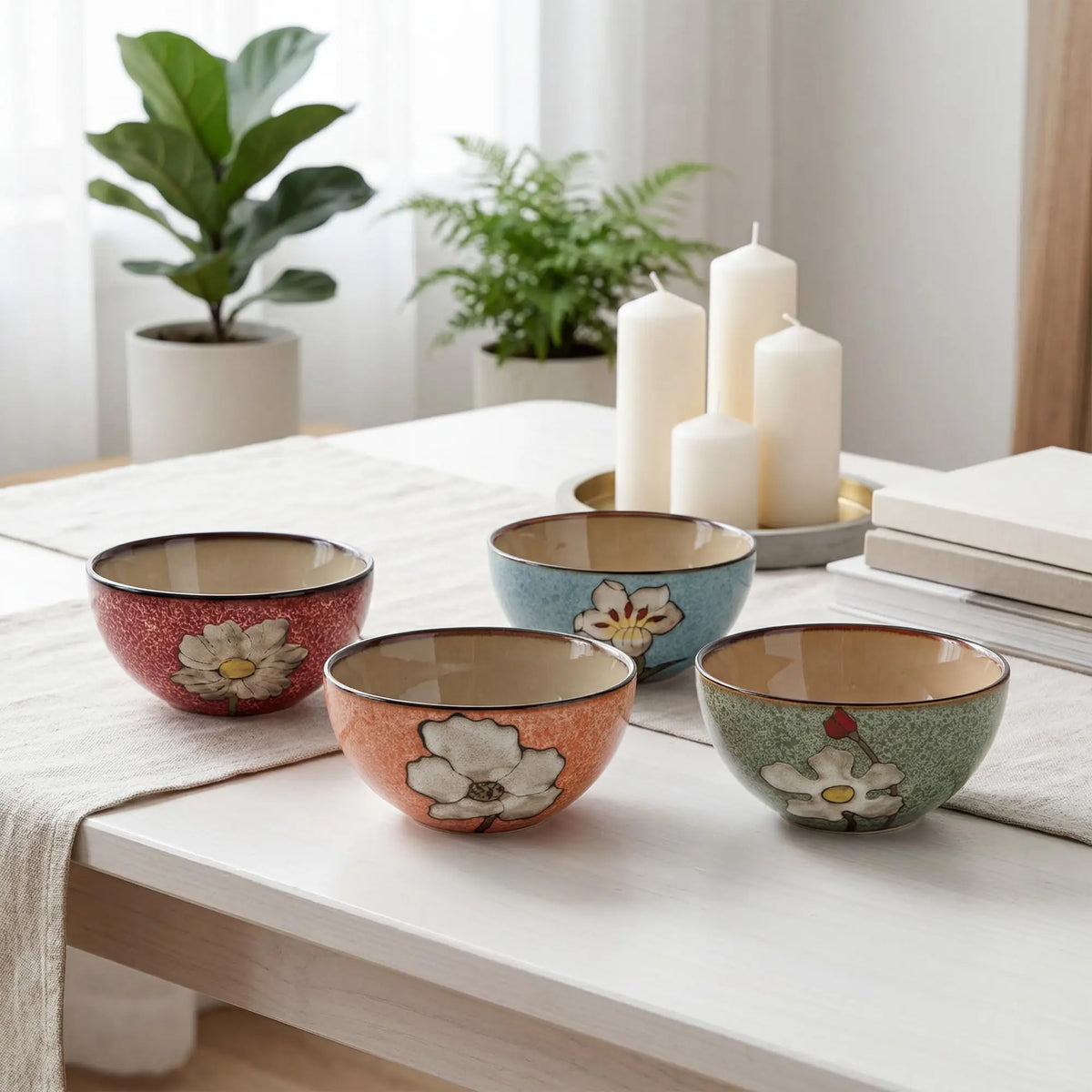 Lot de 4 bols à céréales en céramique à fleurs