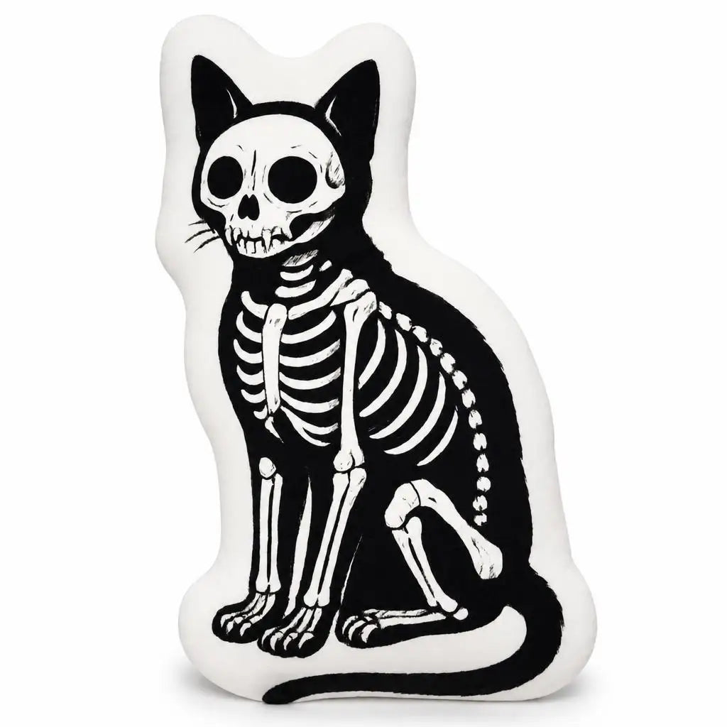 Cojín de peluche con gato esqueleto